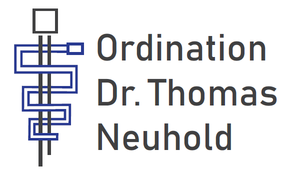 modernes und geometrisches Logo in den Farben Grau und Blau mit dem Schriftzug "Ordination Dr. Thomas Neuhold" daneben
